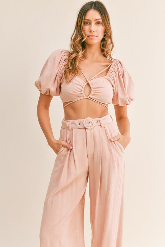 Puff Sleeve Crop Top and Pants Set in Dusty PinkPants SetMable