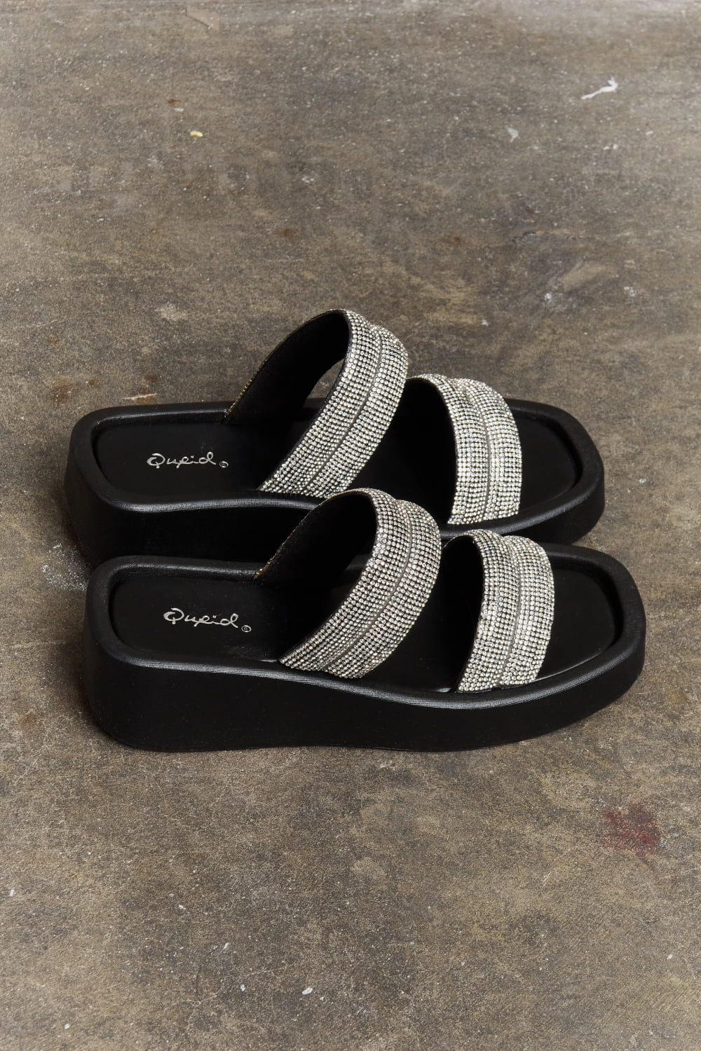 Qupid - Platform Wedge Rhinestone Sandal in Black