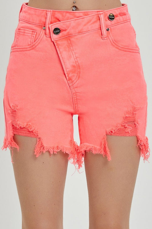 Raw Hem Asymmetrical Waist Denim Shorts in Coral PinkShortsRISEN