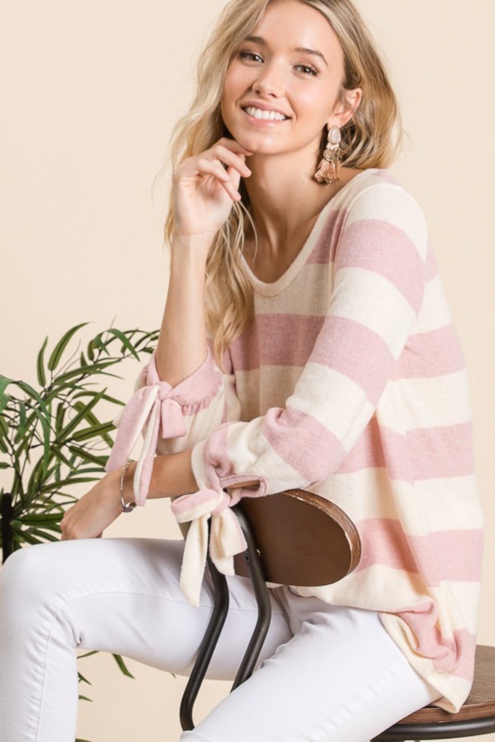 Reborn J - Tie Cuff Striped Hacci Top in Mauve