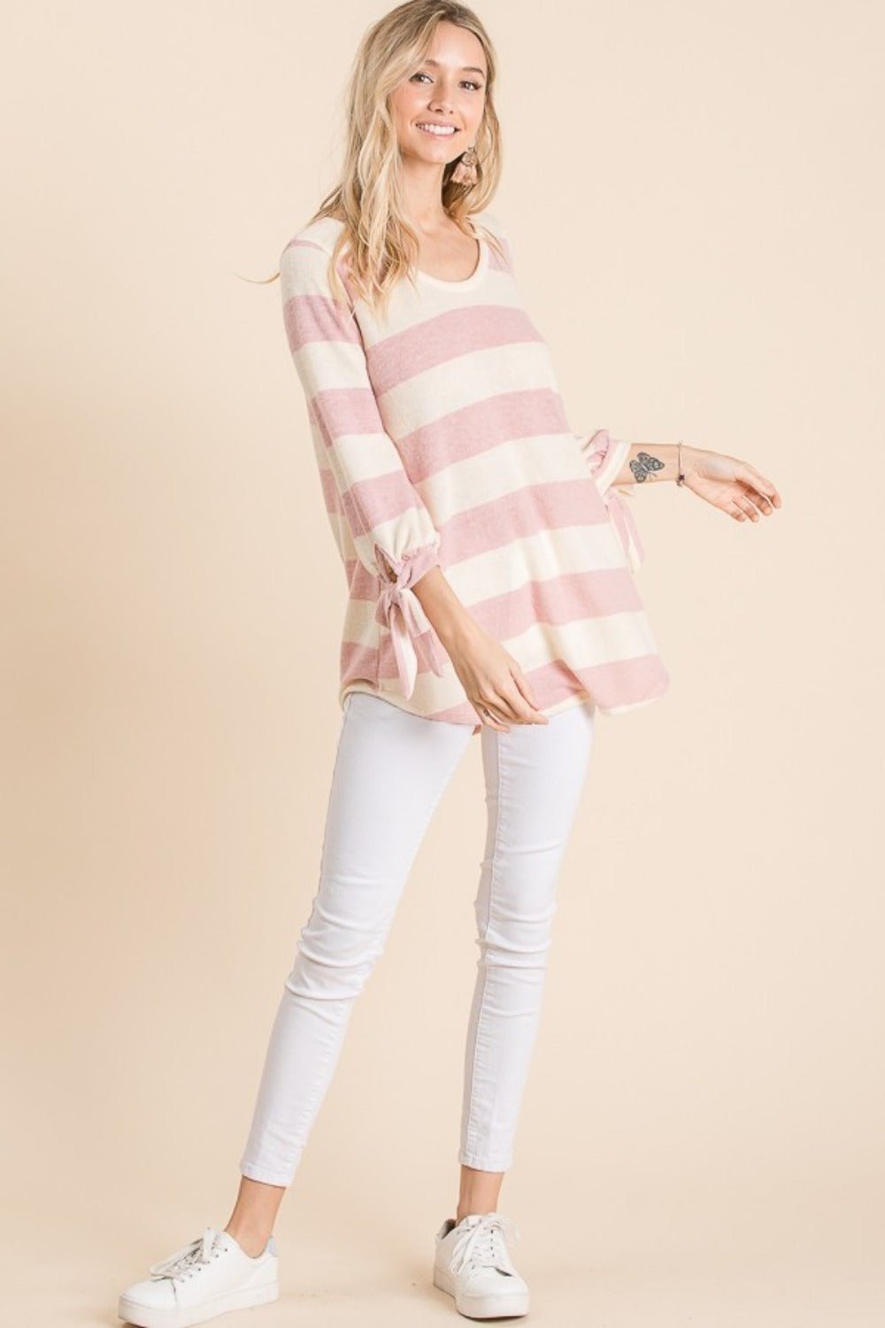 Reborn J - Tie Cuff Striped Hacci Top in Mauve