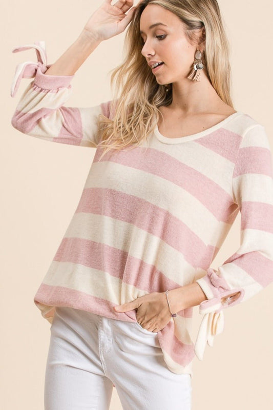 Reborn J - Tie Cuff Striped Hacci Top in Mauve