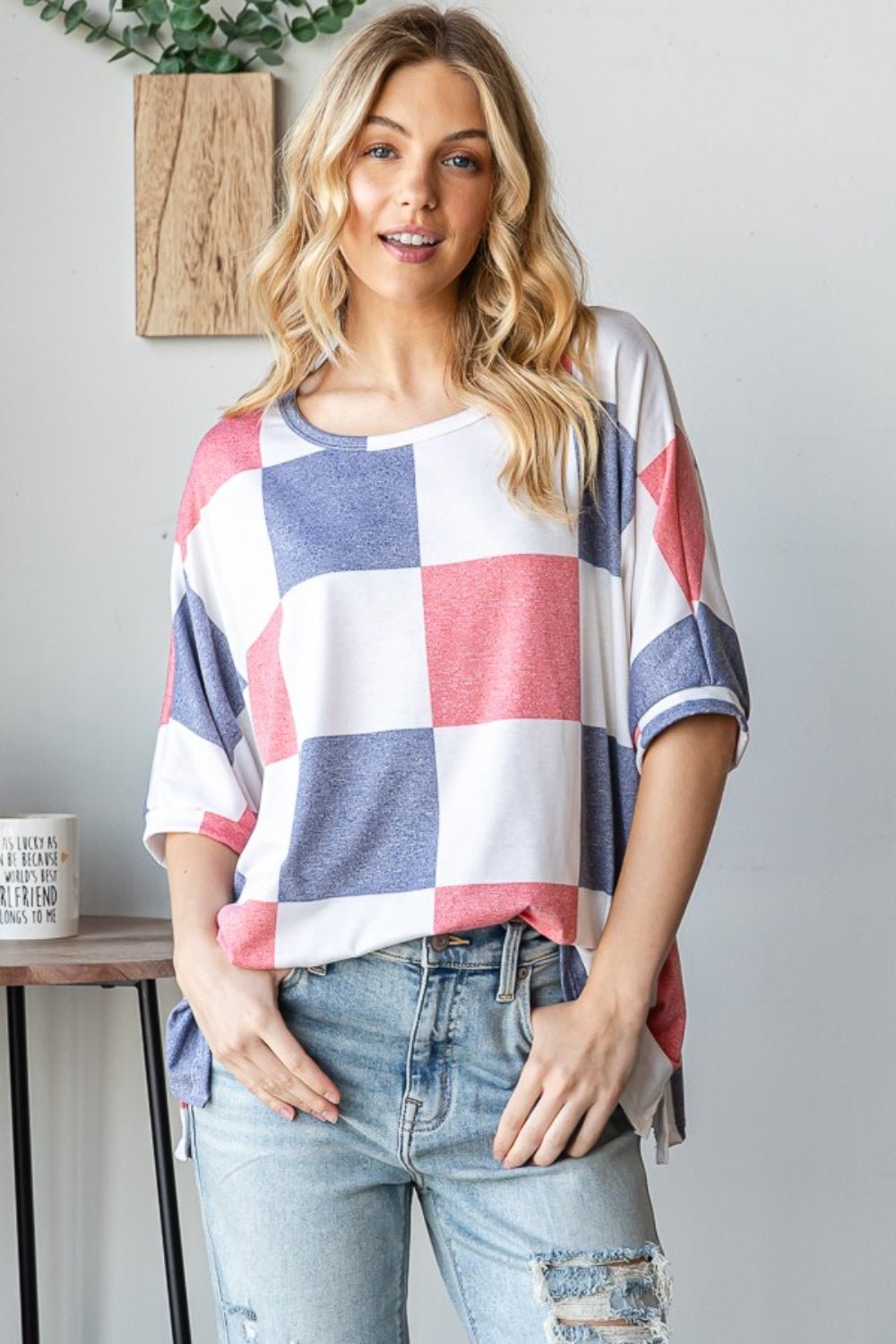 Red White & Blue Checkered Crew Neck Half Sleeve T-ShirtT-ShirtHOPELY