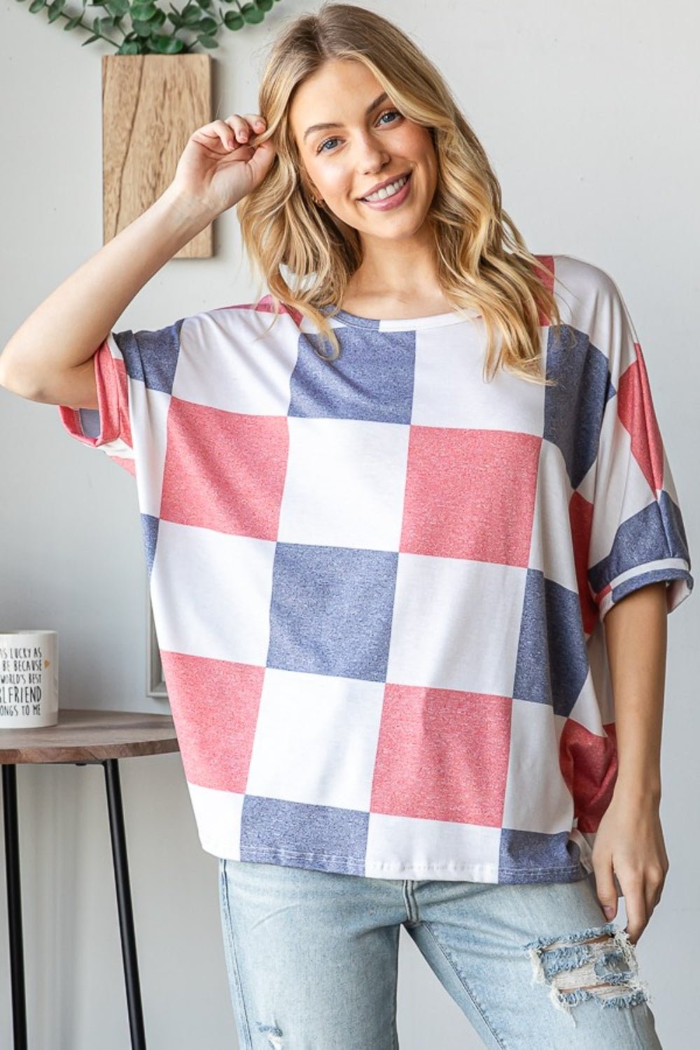 Red White & Blue Checkered Crew Neck Half Sleeve T-ShirtT-ShirtHOPELY