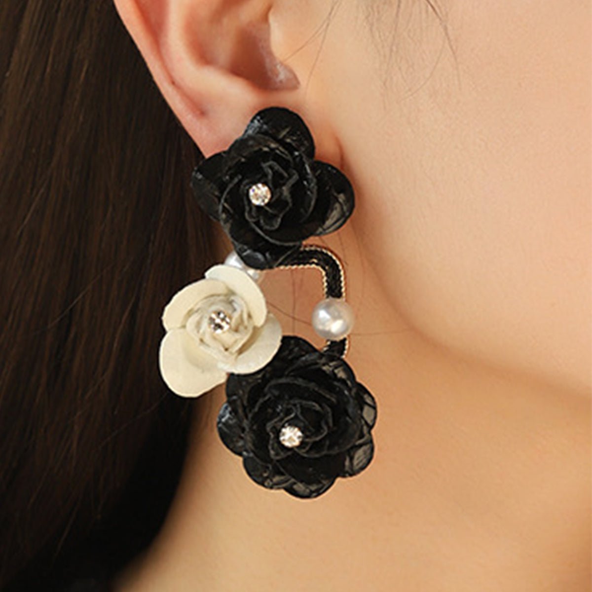 Rhinestone & Vegan Leather Black Flower EarringsEarringsBeach Rose Co.