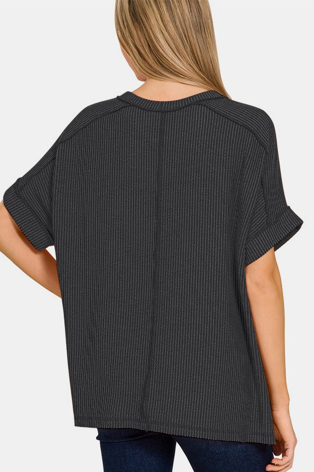 Rib Knit Exposed Seam High-Low Hem T-Shirt in CharcoalT-ShirtZenana