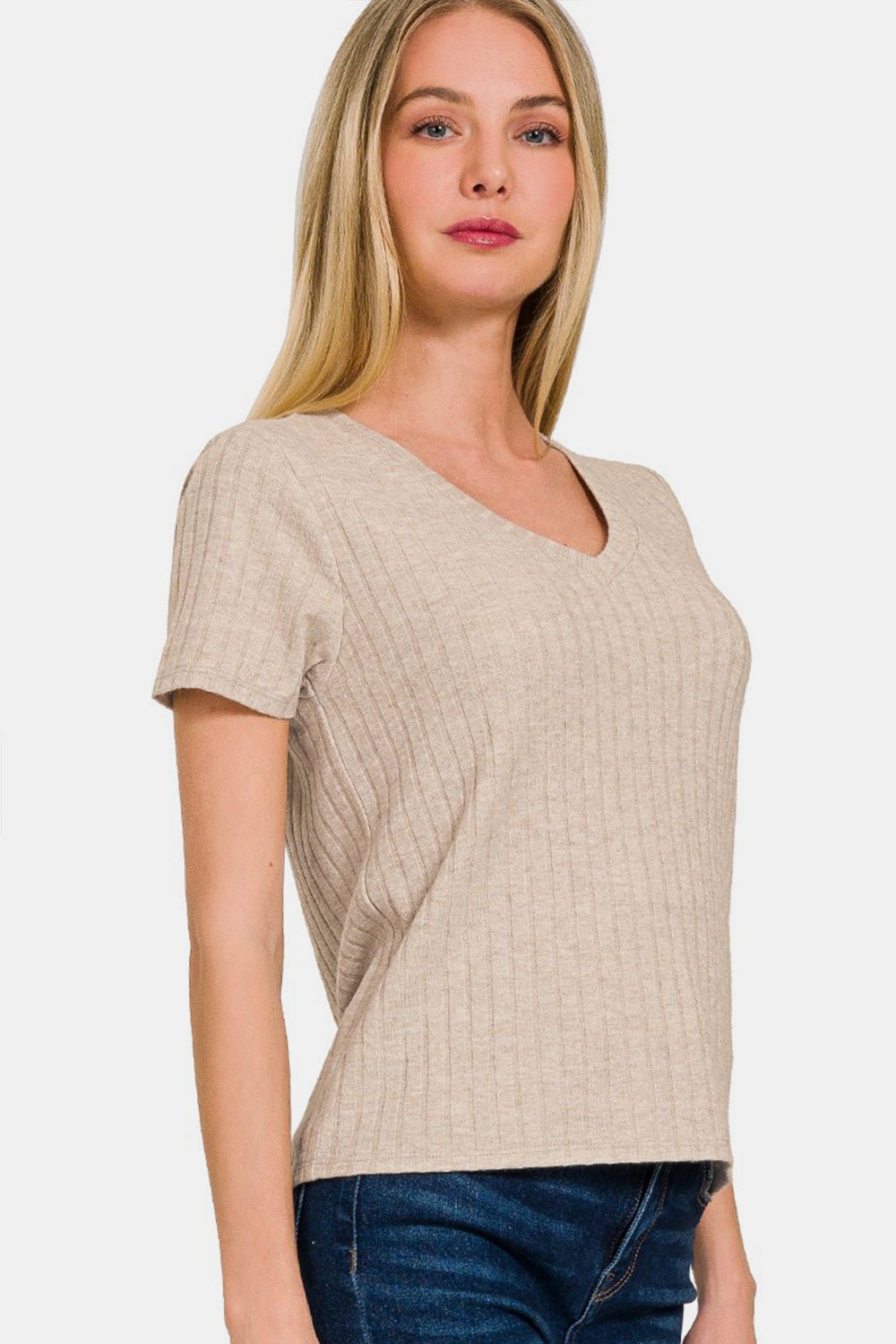 Rib Knit Short Sleeve T-Shirt in Ash MochaT-ShirtZenana