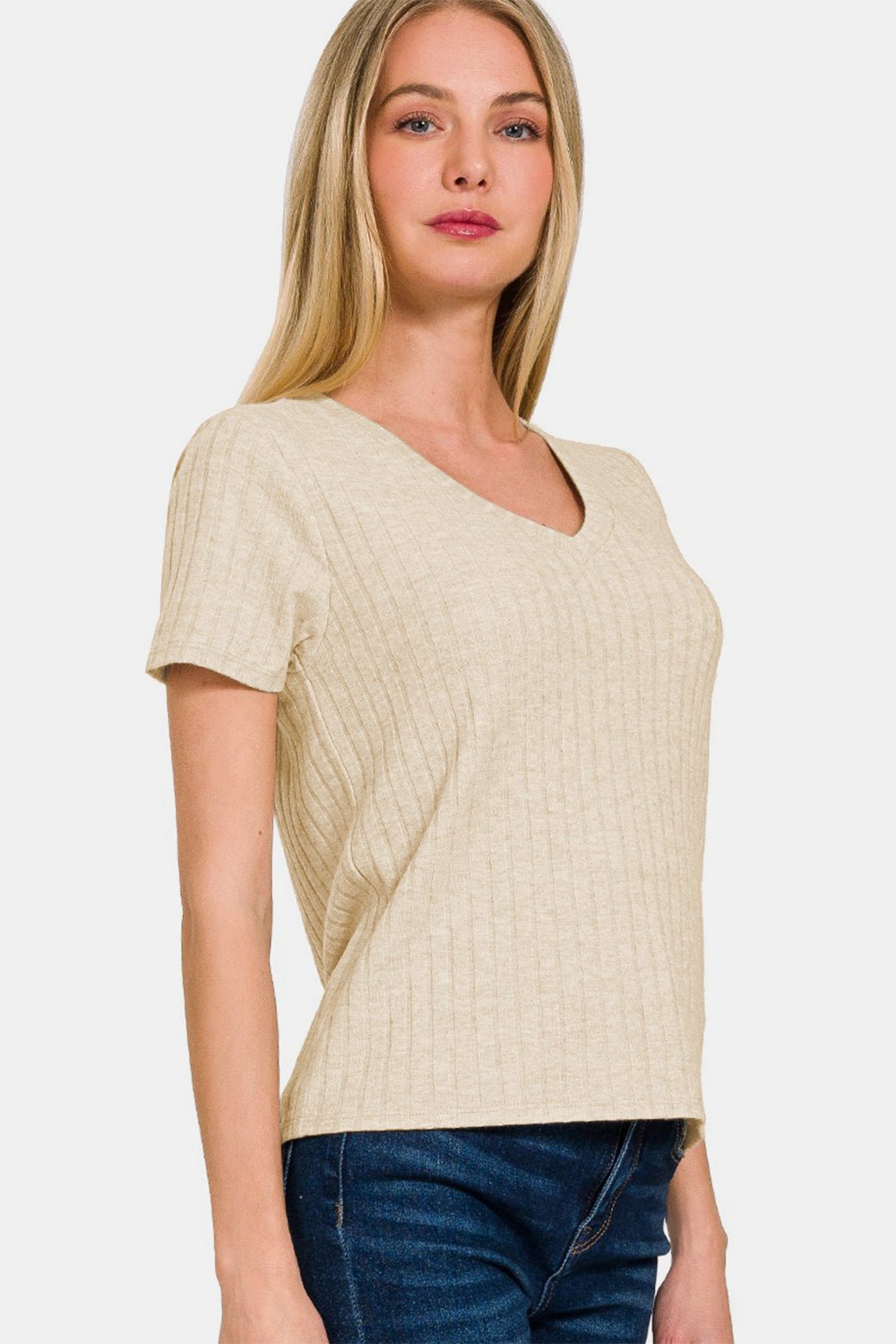 Rib Knit Short Sleeve T-Shirt in Sand BeigeT-ShirtZenana