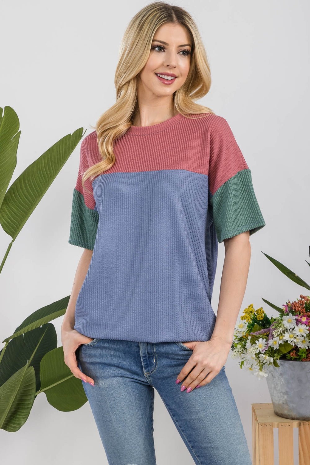 Ribbed Color Block Short Sleeve T-ShirtT-ShirtCeleste Design