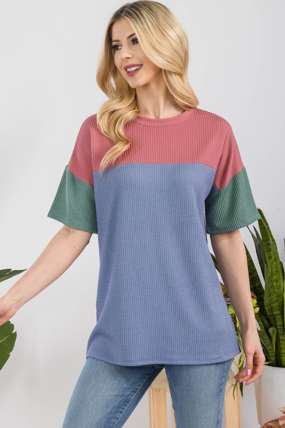 Ribbed Color Block Short Sleeve T-ShirtT-ShirtCeleste Design