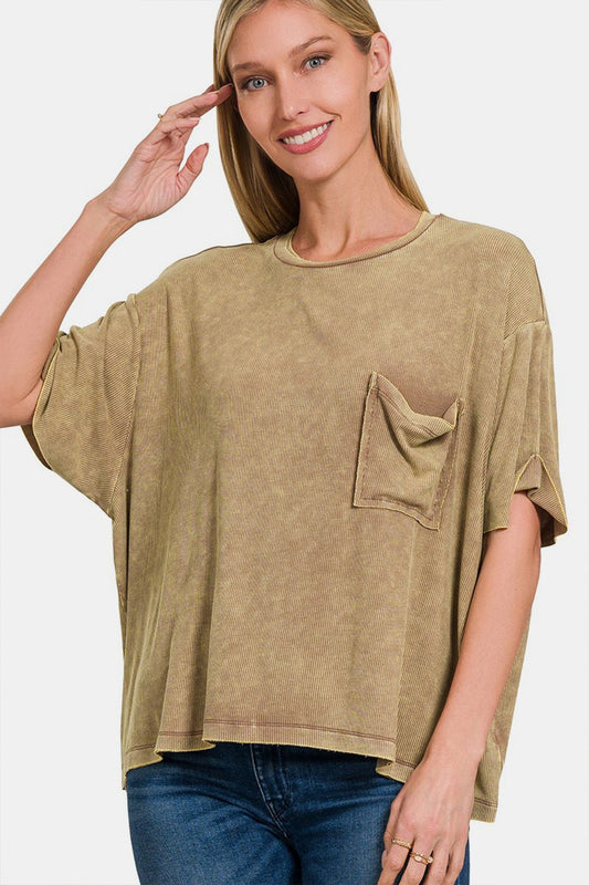 Ribbed Crew Neck Drop Shoulder T-Shirt in MochaT-ShirtZenana