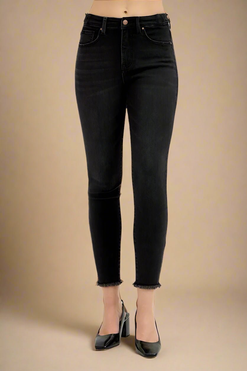 RISEN - Black High Rise Frayed Hem Skinny Jeans