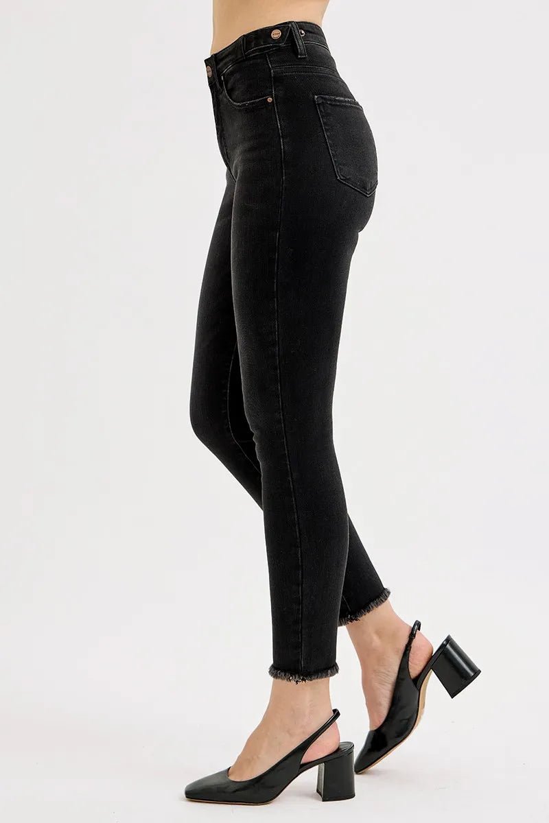 RISEN - Black High Rise Frayed Hem Skinny Jeans