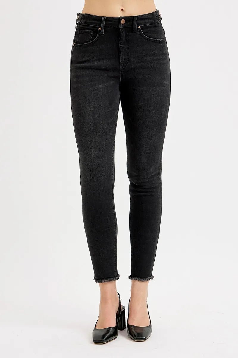 RISEN - Black High Rise Frayed Hem Skinny Jeans