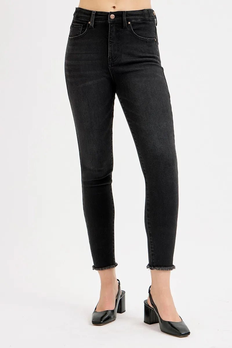 RISEN - Black High Rise Frayed Hem Skinny Jeans