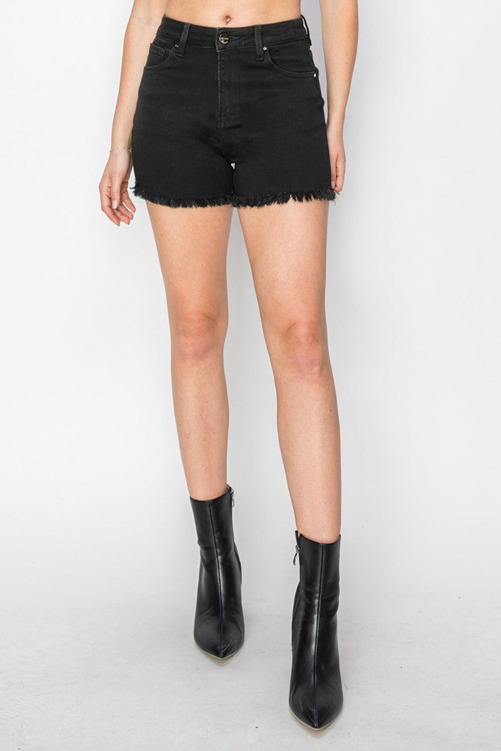 RISEN - Black High Waist Raw Hem Denim Shorts