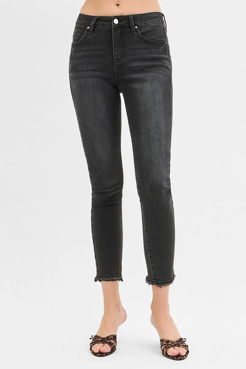 RISEN - Black Mid Rise Skinny Jeans with Raw Hem