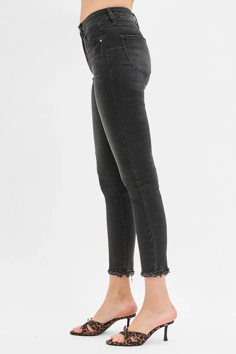 RISEN - Black Mid Rise Skinny Jeans with Raw Hem