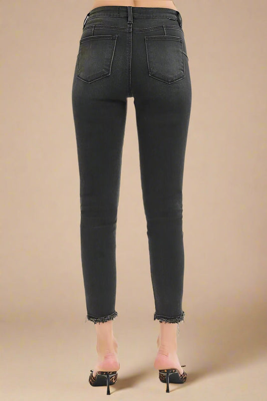 RISEN - Black Mid Rise Skinny Jeans with Raw Hem