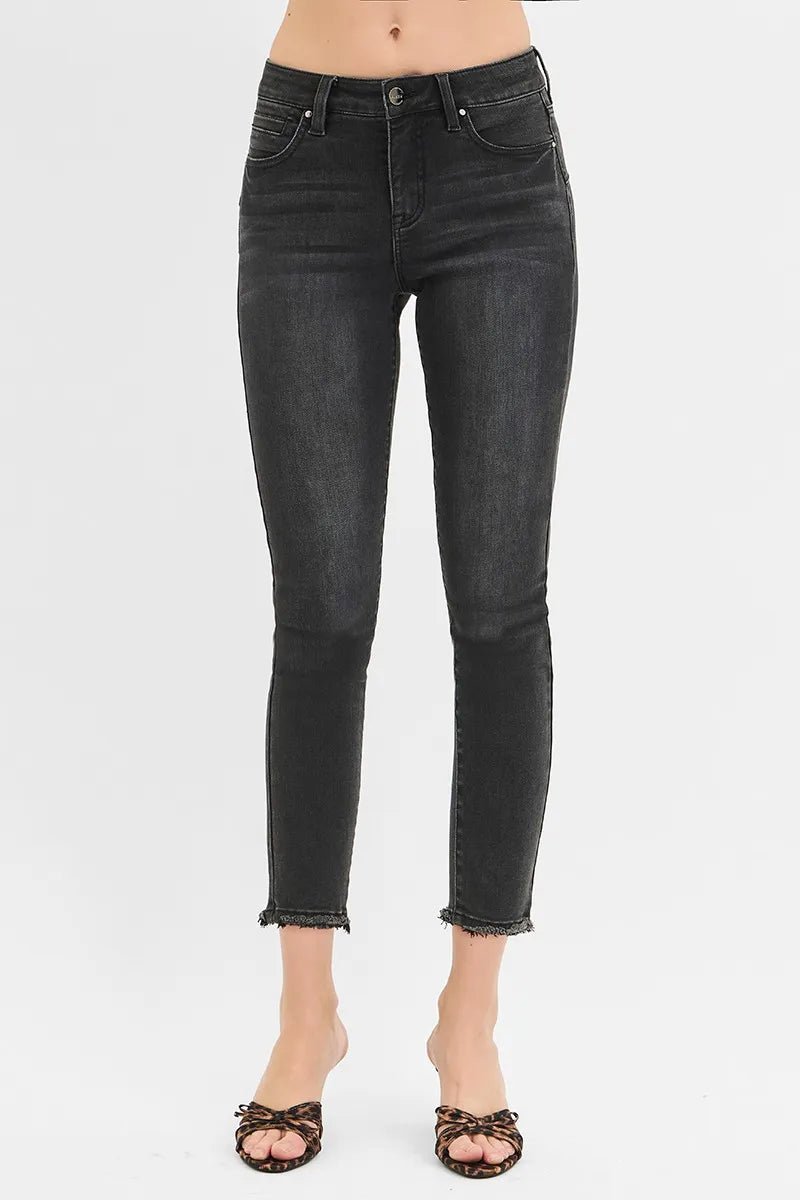 RISEN - Black Mid Rise Skinny Jeans with Raw Hem