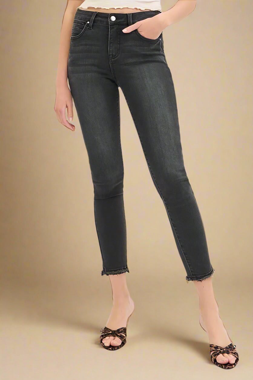 RISEN - Black Mid Rise Skinny Jeans with Raw Hem