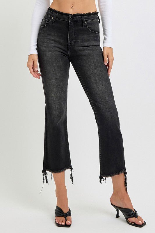RISEN - Black Wash Raw Hem Cropped Flare Jeans