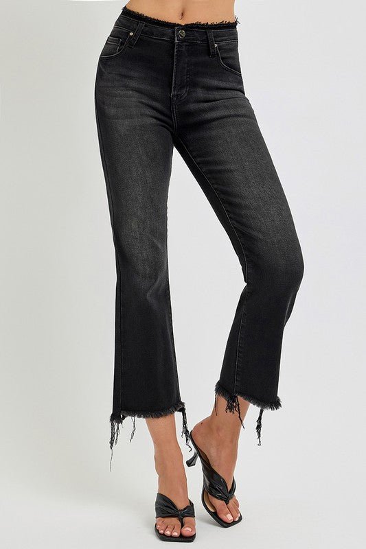 RISEN - Black Wash Raw Hem Cropped Flare Jeans