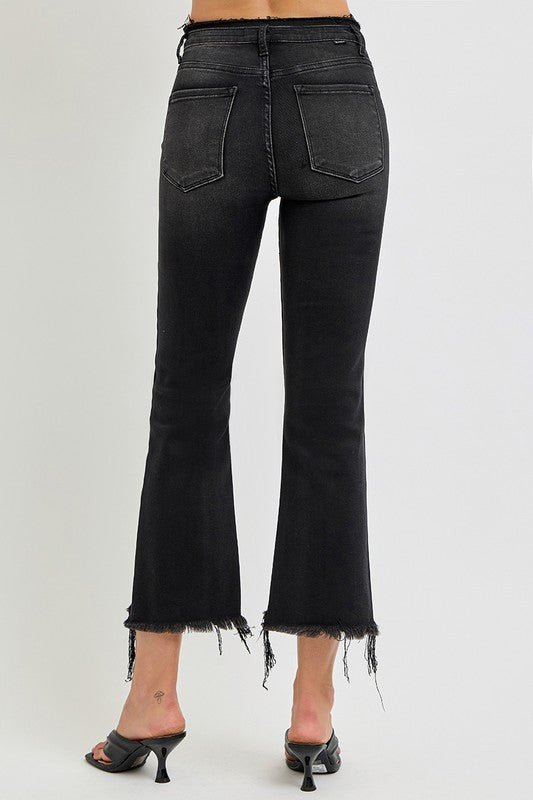 RISEN - Black Wash Raw Hem Cropped Flare Jeans