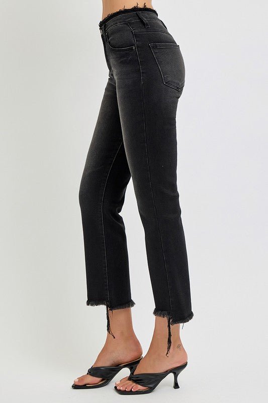 RISEN - Black Wash Raw Hem Cropped Flare Jeans