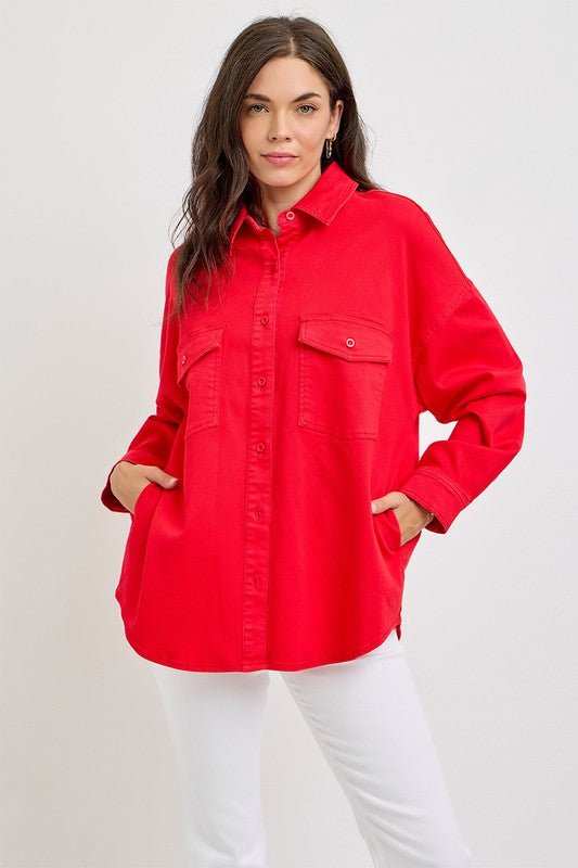 RISEN - Button Down Denim Shacket in Scarlet