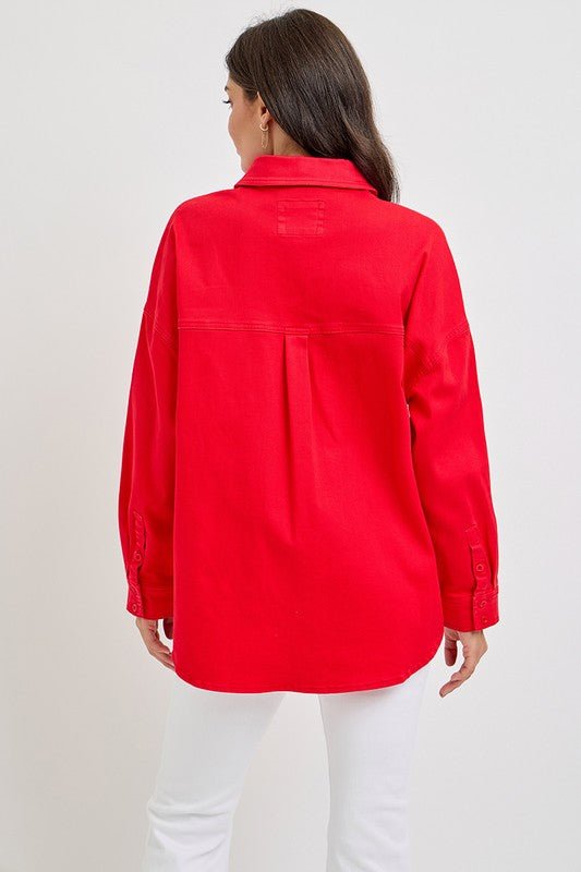 RISEN - Button Down Denim Shacket in Scarlet