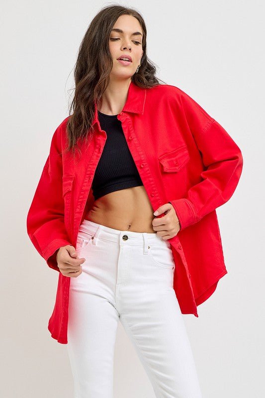 RISEN - Button Down Denim Shacket in Scarlet