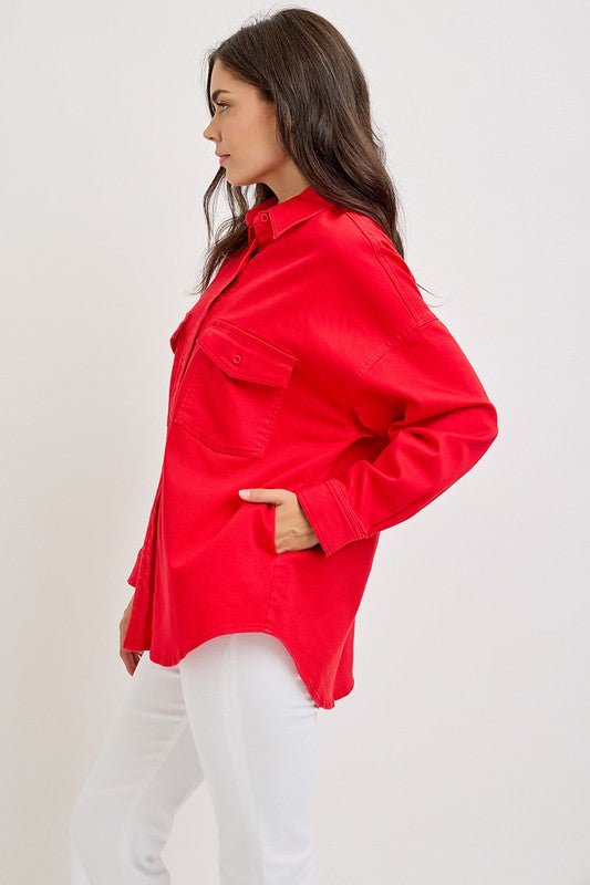 RISEN - Button Down Denim Shacket in Scarlet