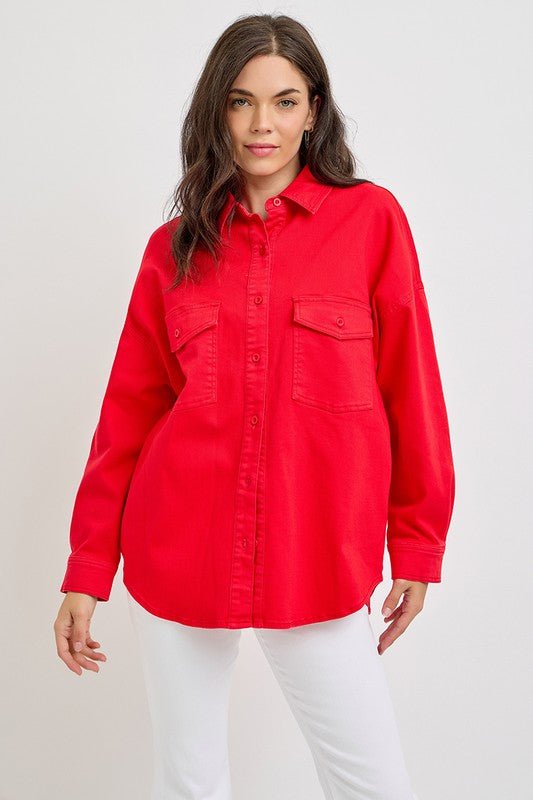 RISEN - Button Down Denim Shacket in Scarlet