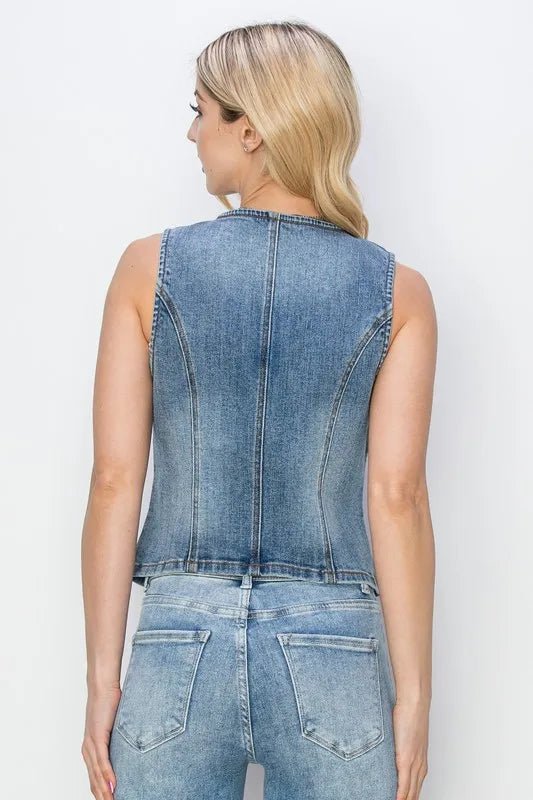 RISEN - Button Down Denim Vest in Dark Indigo