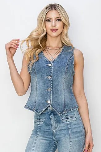 RISEN - Button Down Denim Vest in Dark Indigo