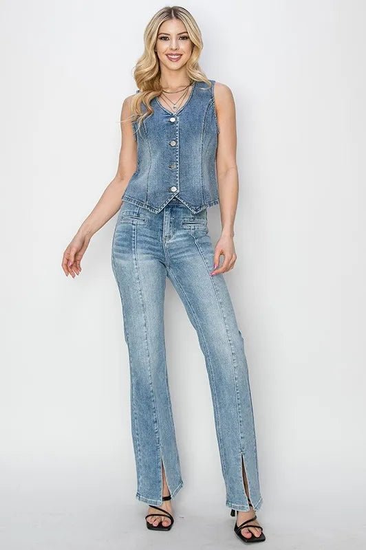 RISEN - Button Down Denim Vest in Dark Indigo