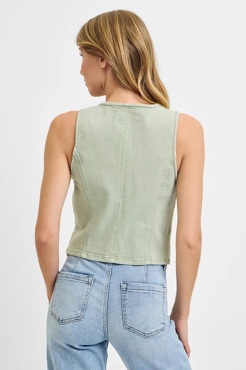 RISEN - Button Down Denim Vest in Sage Green