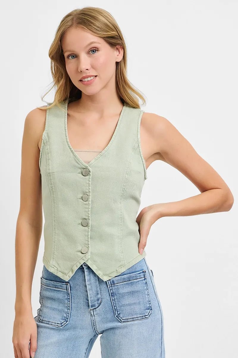 RISEN - Button Down Denim Vest in Sage Green