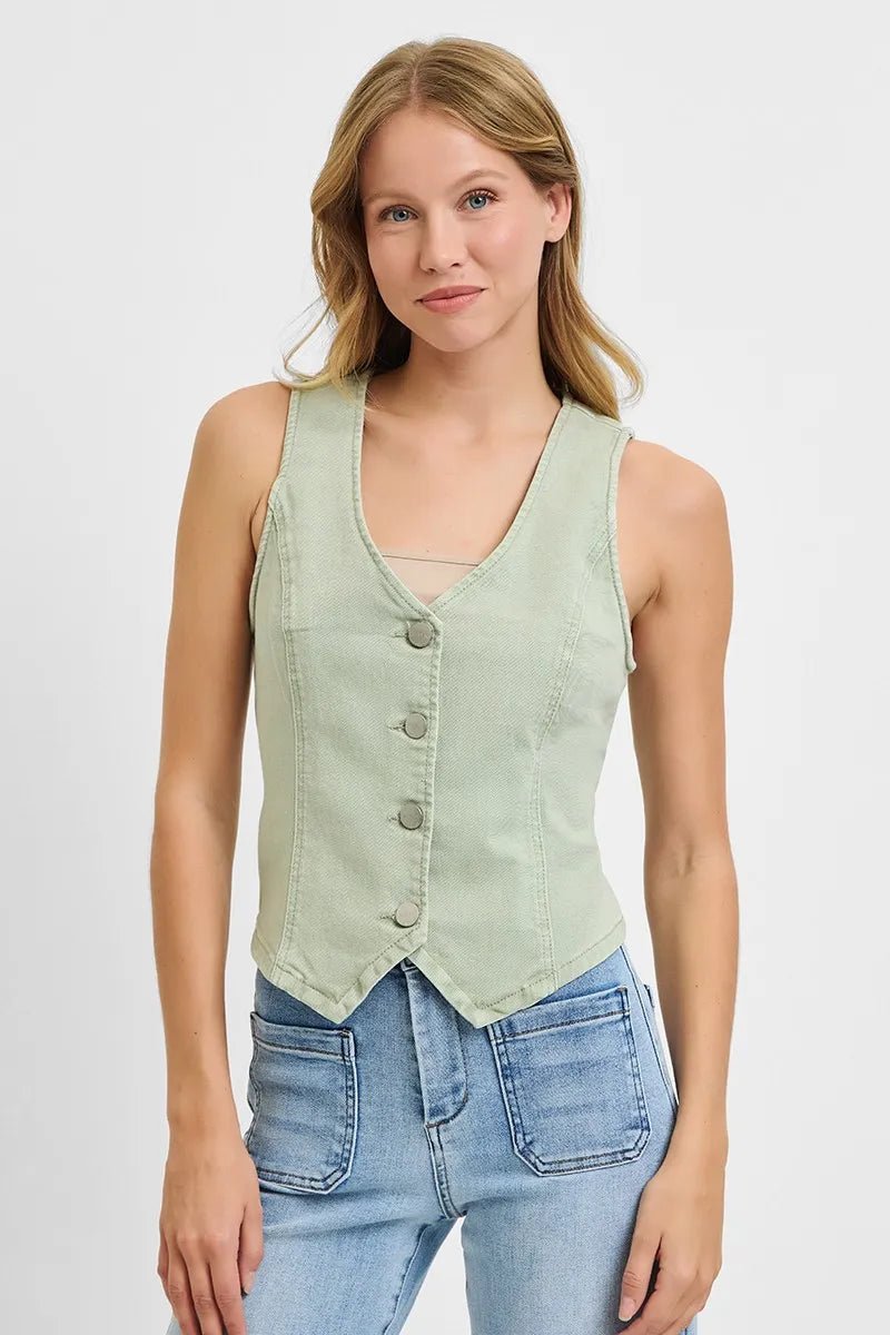 RISEN - Button Down Denim Vest in Sage Green