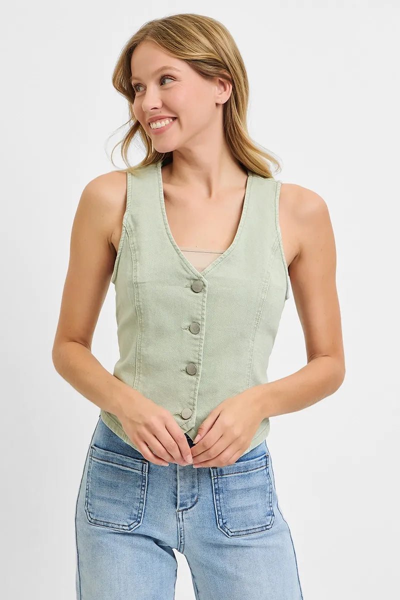 RISEN - Button Down Denim Vest in Sage Green