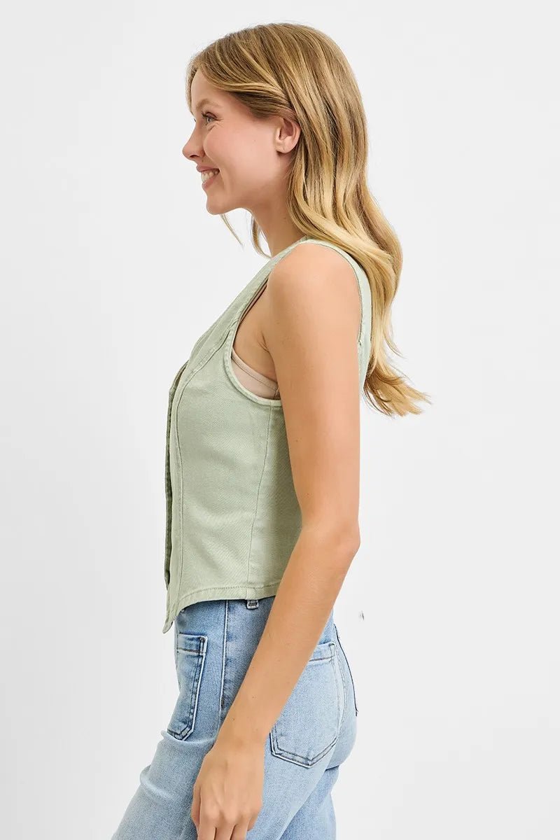 RISEN - Button Down Denim Vest in Sage Green