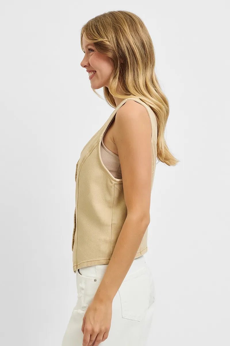 RISEN - Button Down Denim Vest in Soft Sand