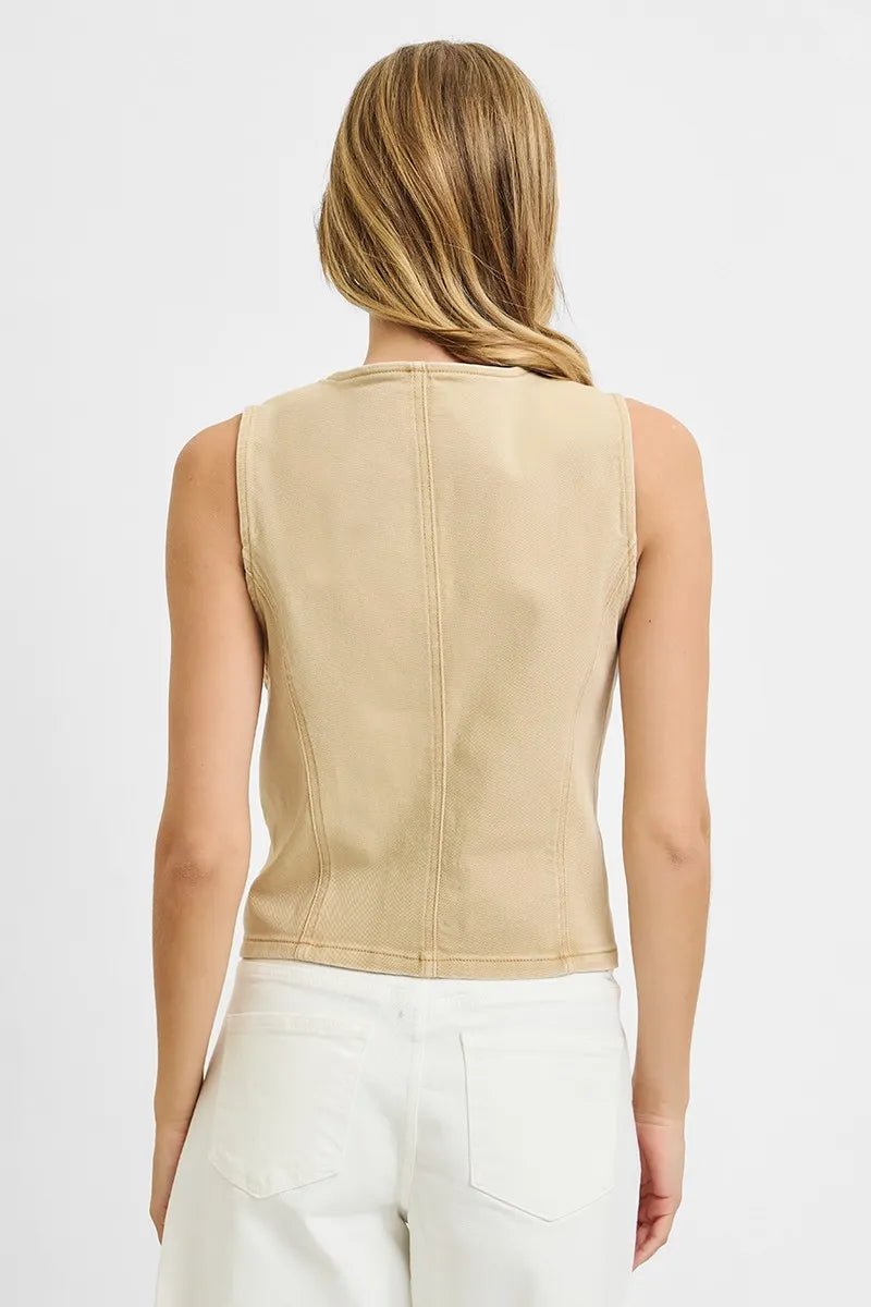 RISEN - Button Down Denim Vest in Soft Sand