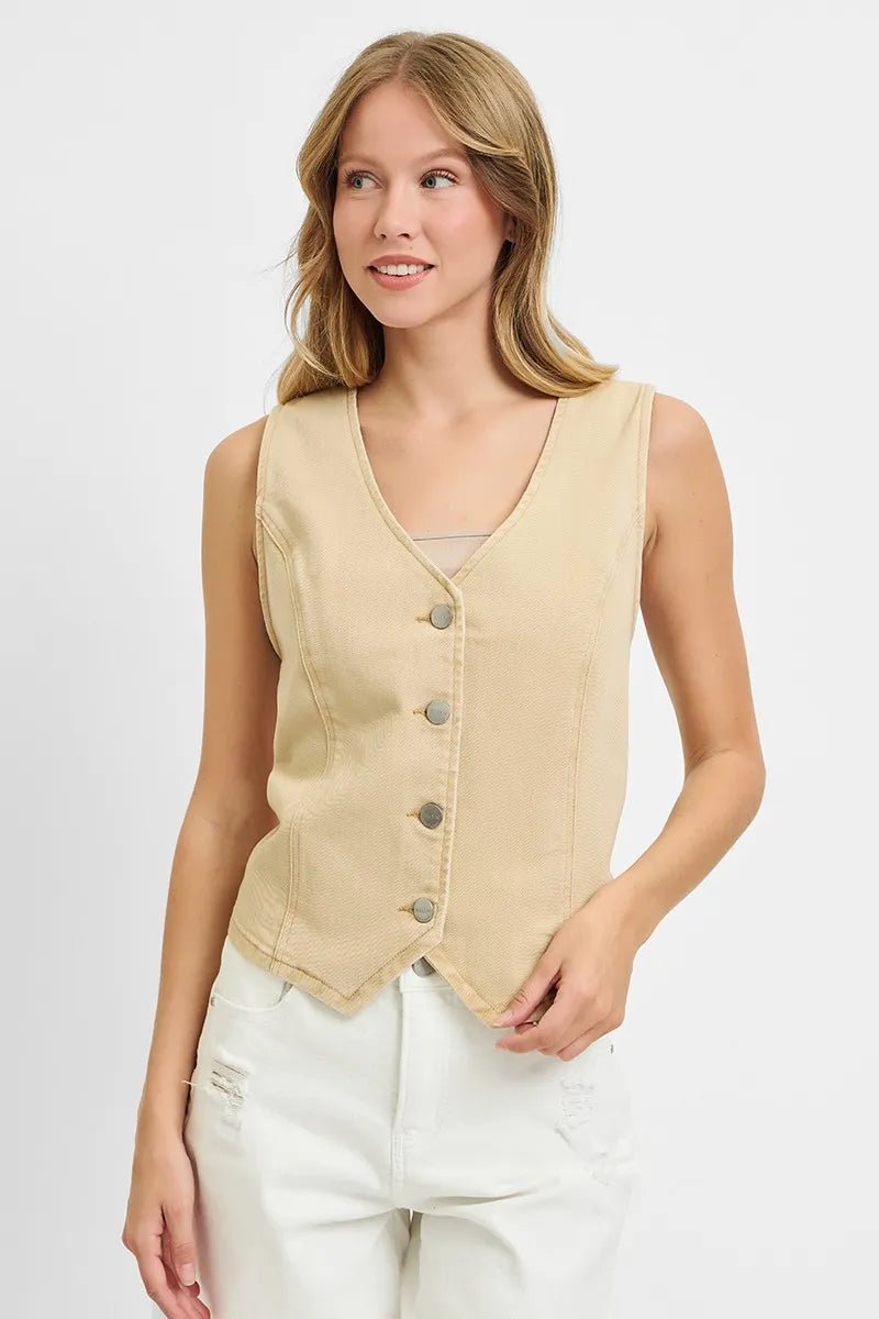 RISEN - Button Down Denim Vest in Soft Sand