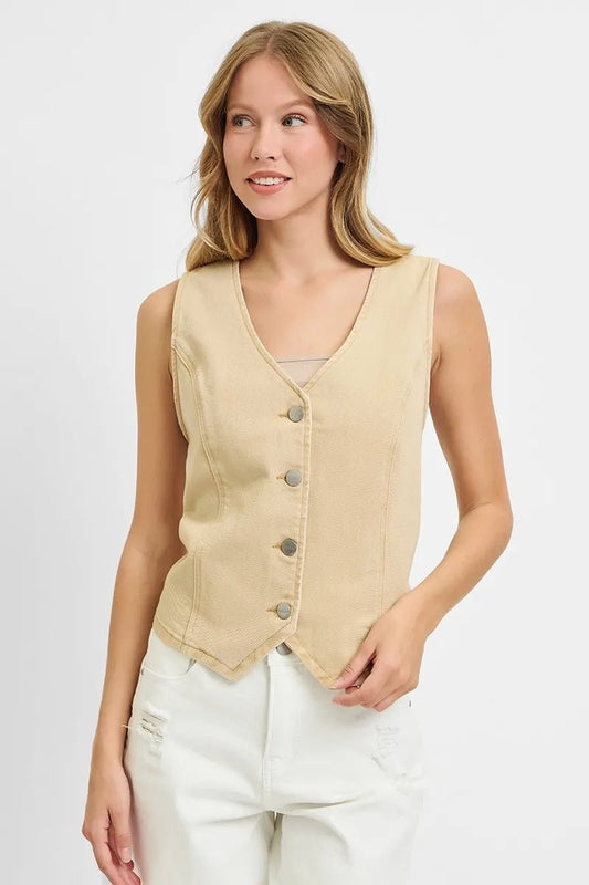 RISEN - Button Down Denim Vest in Soft Sand
