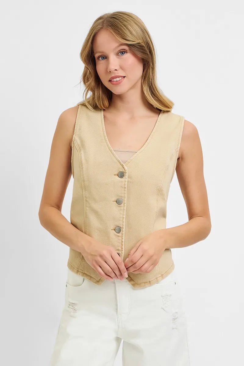 RISEN - Button Down Denim Vest in Soft Sand