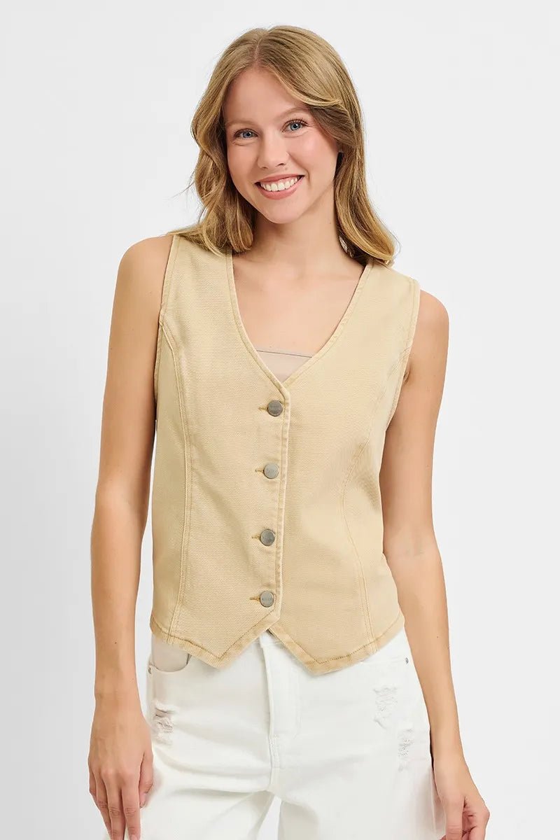 RISEN - Button Down Denim Vest in Soft Sand