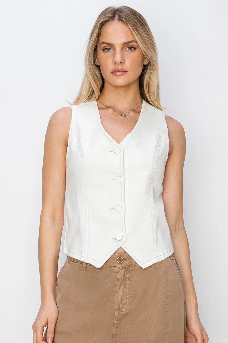 RISEN - Button Down Denim Vest in White