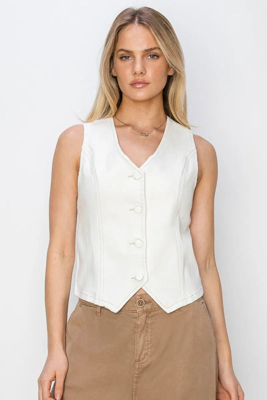 RISEN - Button Down Denim Vest in White
